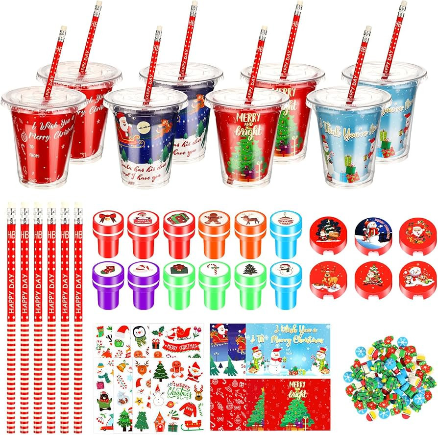 Hsei 24 Set Christmas Gifts for Kids Bulk with Cards Pencils Stickers Erasers Stampers Sharpener ... | Amazon (US)