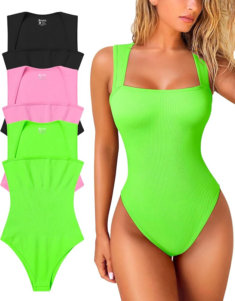 OQQ Women's 3 Piece Bodysuits Sexy Ribbed Strappy Square Neck Sleeveless Tummy Control Tank Tops ... | Amazon (US)