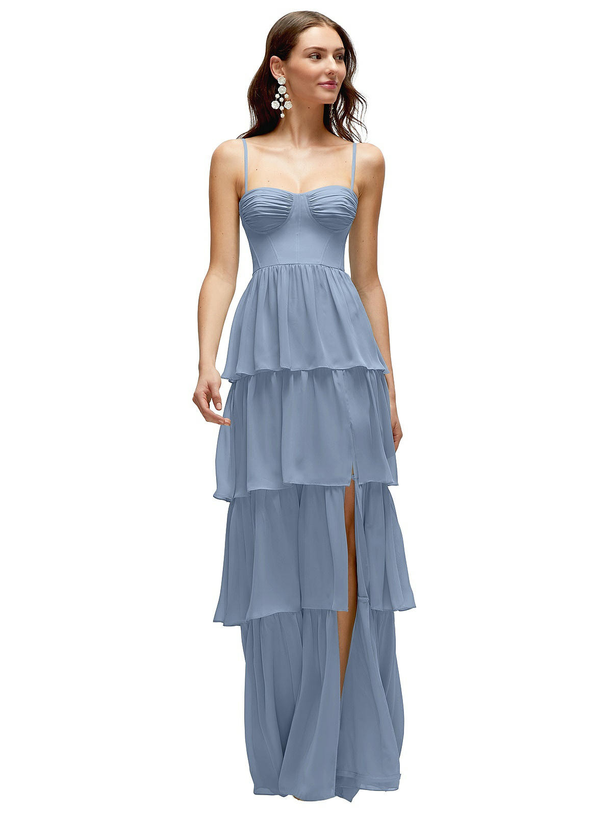 Bustier-Style Chiffon Tiered Ruffle Maxi Dress with Adjustable Straps in Cloudy | The Dessy Group