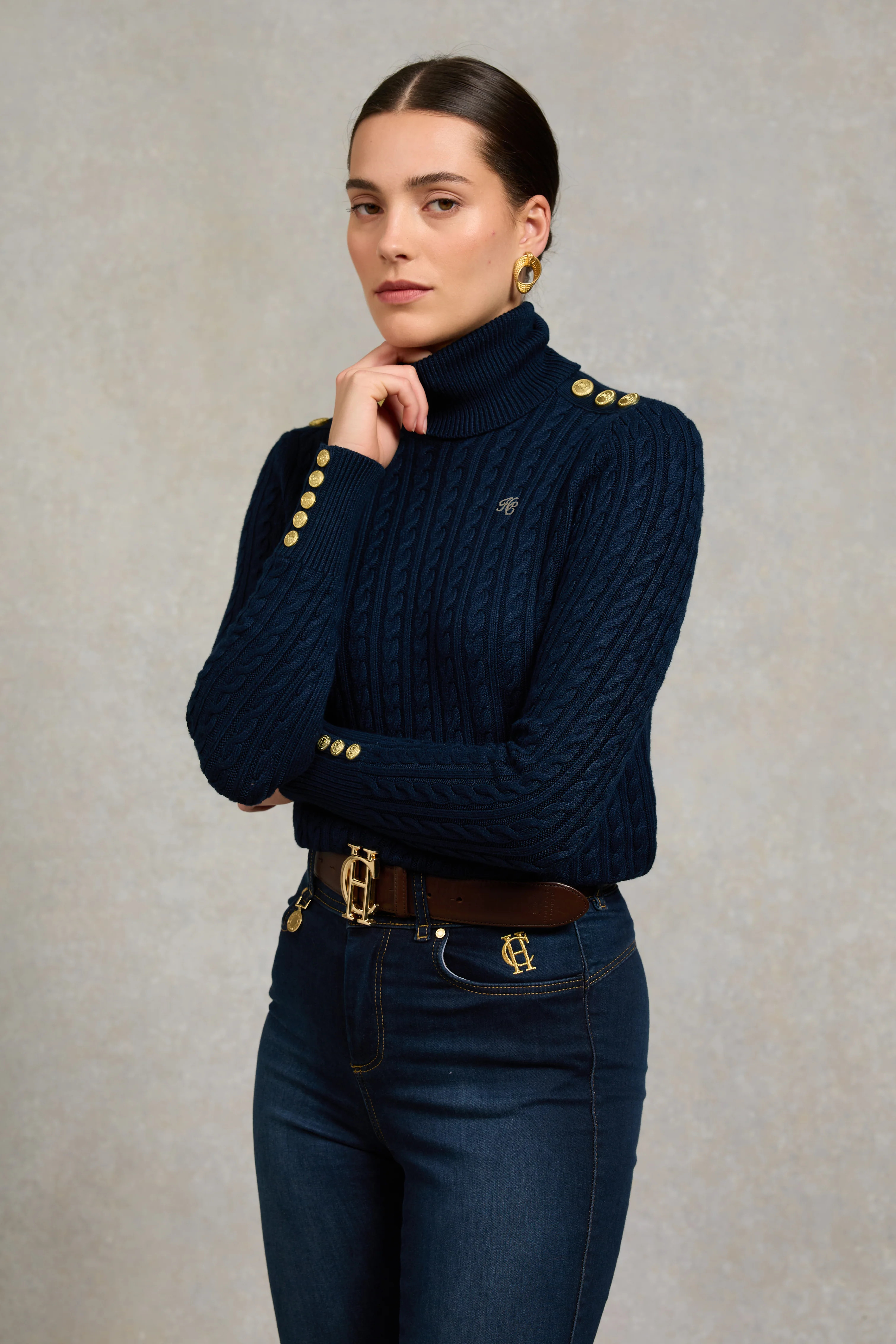 Seattle Roll Neck Cable Knit (Ink Navy) | Holland Cooper