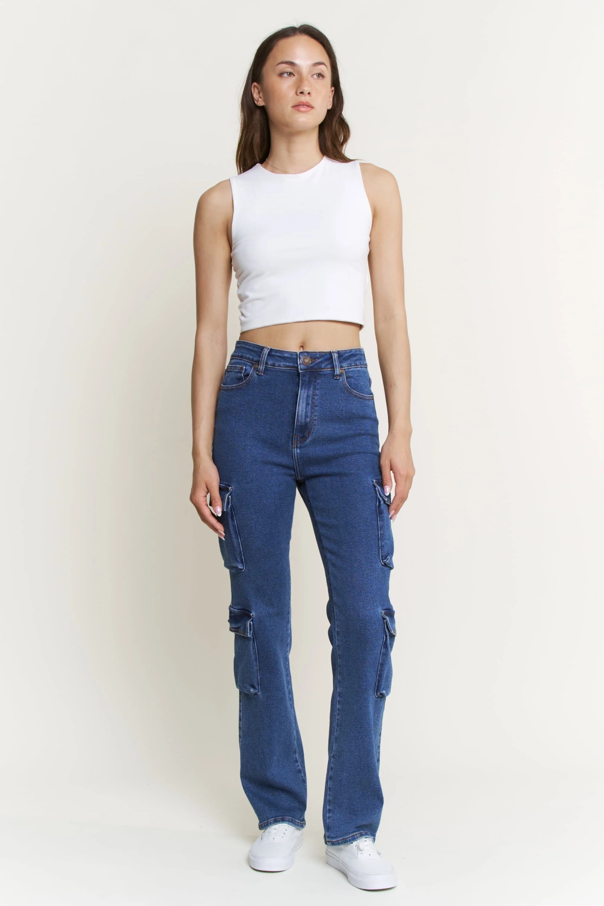 Lilac Sunset Women’s High-Rise Straight Leg Cargo Jeans, Classic Fit, Dark Wash, Juniors Sizes ... | Walmart (US)