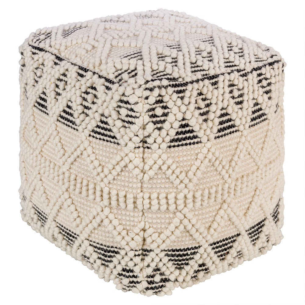 Hallie Coastal Beach Cream Cotton Black Accent Textured Square Pouf | Kathy Kuo Home
