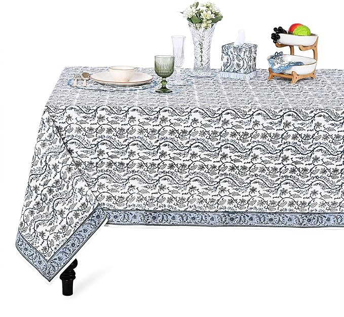 Ridhi Hand Block Print Baby Blue Eyes Rectangle Cotton Tablecloth 108" x 70" Reusable Table Cover... | Amazon (US)