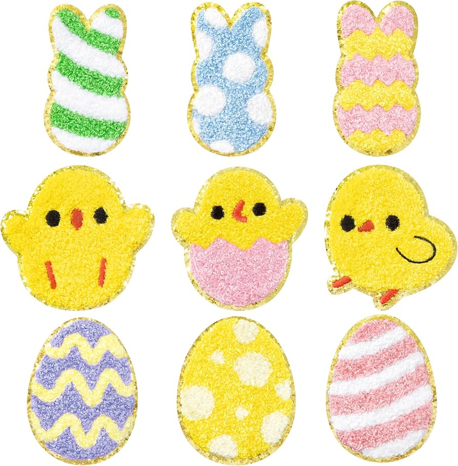9 Pcs Easter Chenille Iron on Patches Colorful Glitter Cute Bunny Rabbit Chick Egg Sew Iron on Re... | Amazon (US)