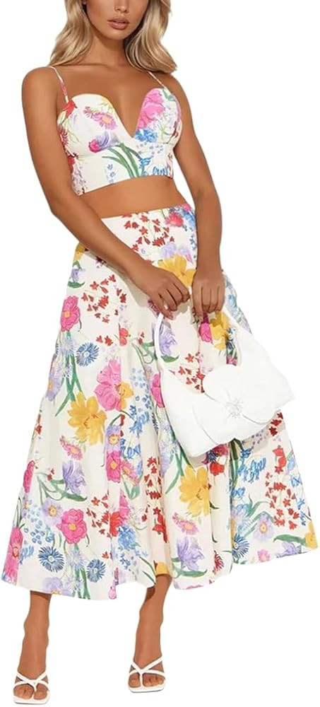THLAI Women 2 Piece Maxi Skirt Sets Floral Print V-Neck Cami Top and Flowy Pleated Maxi Skirt Set... | Amazon (US)