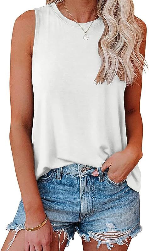 Womens Tank Tops Summer Casual Crew Neck Sleeveless Top Loose Fit Basic Tunic Shirts | Amazon (US)