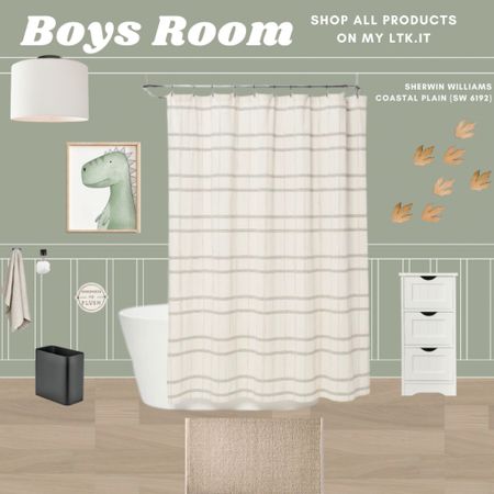 Welcome to the ultimate boys bathroom! Immerse yourself in the prehistoric past with Sherwin Williams Coastal Plain green walls, wood dinosaur footprints, and dino artwork. The vibrant colors and playful theme create an adventurous and exciting atmosphere that your little explorer will love. The nice shower curtain adds a little warmth and coziness, while the 3 drawer shelving provides ample storage for bath toys and other essentials. Get ready for a thrilling bath time adventure!

#LTKunder100 #LTKhome #LTKkids