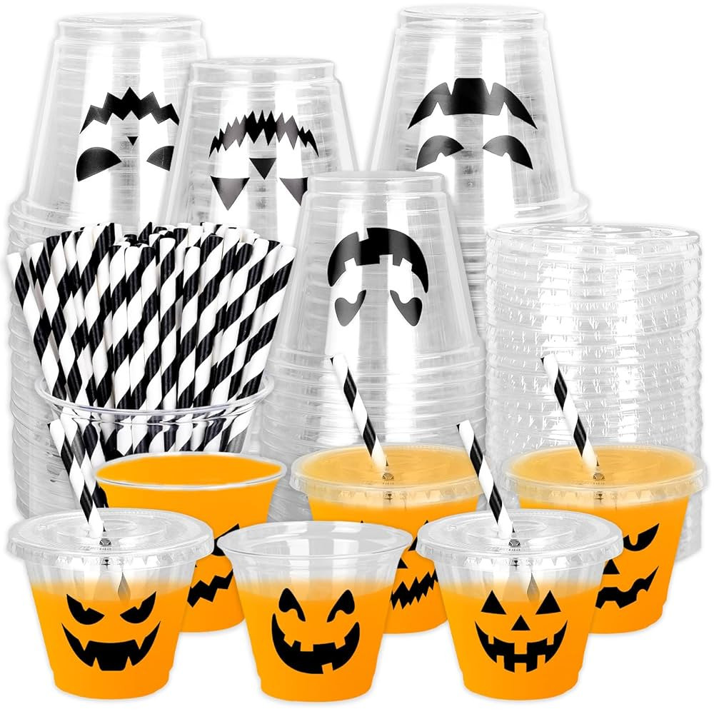 Whaline 60Pcs 9Oz Halloween Disposable Plastic Cups with Lids and Straws Black Evil Pumpkin Face ... | Amazon (US)