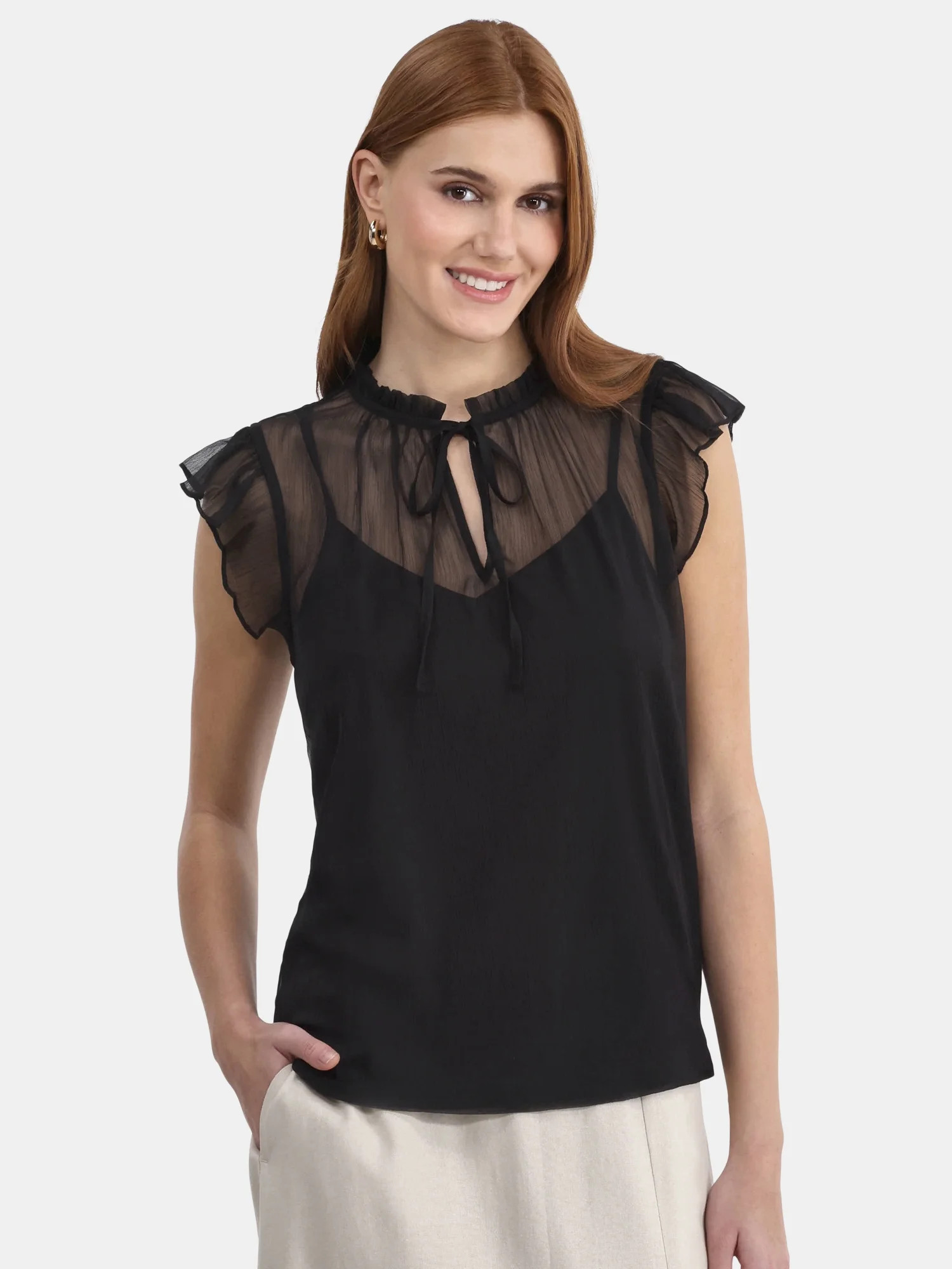 Time and Tru Women's Flutter Sleeve Blouse with Cami, XS-XXXL | Walmart (US)