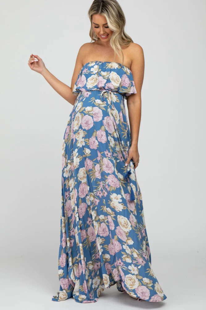 Blue Floral Strapless Ruffle Front Maternity Maxi Dress | PinkBlush Maternity