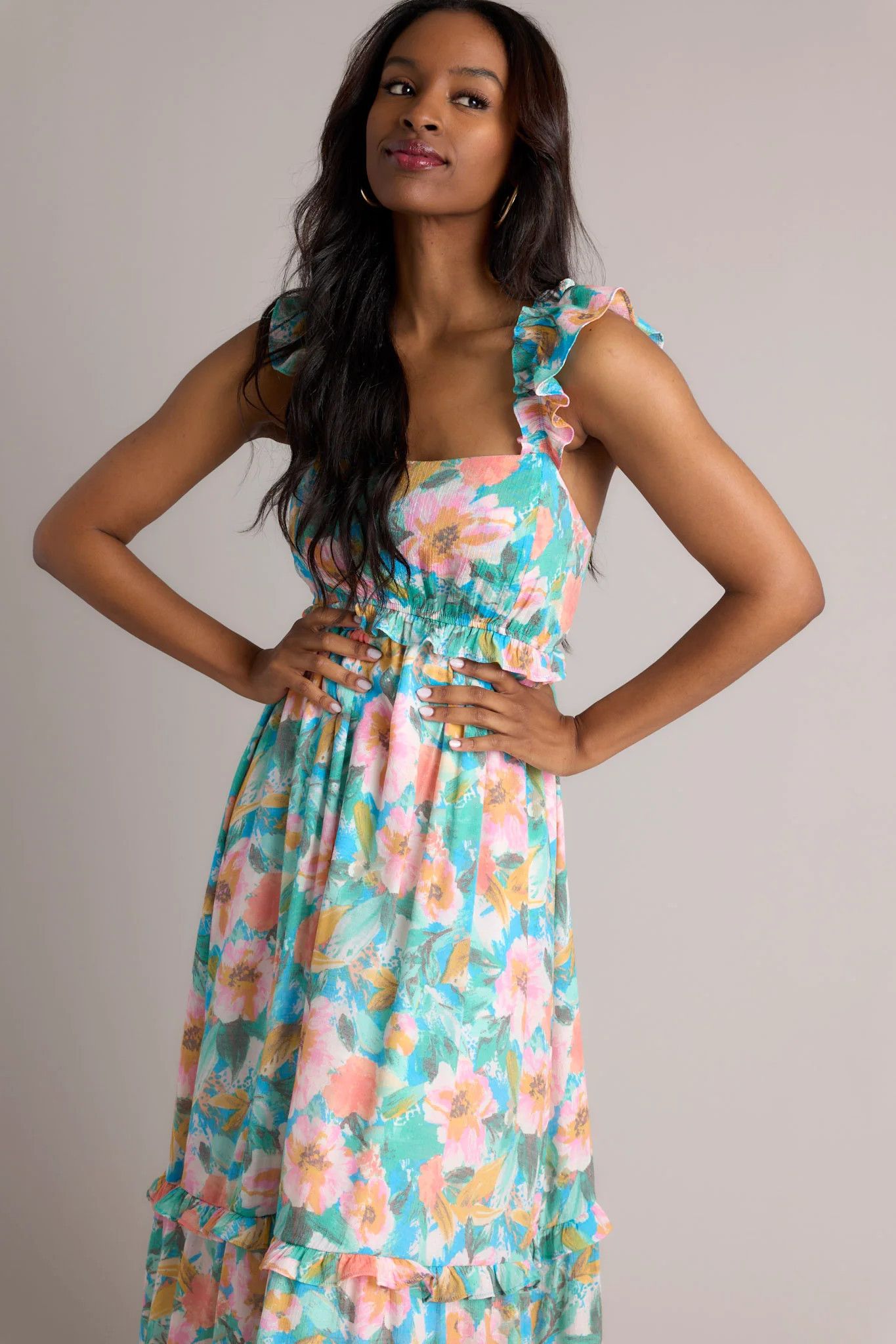 Meadow Magic Aqua Floral Print Midi Dress | Red Dress