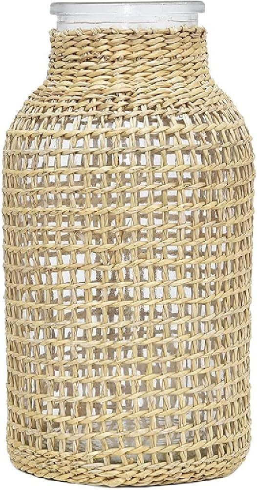 PreZervers | Glass Flower vase with Rattan | Boho Glass Vase with Woven Straw Decor | Roped Straw... | Amazon (US)
