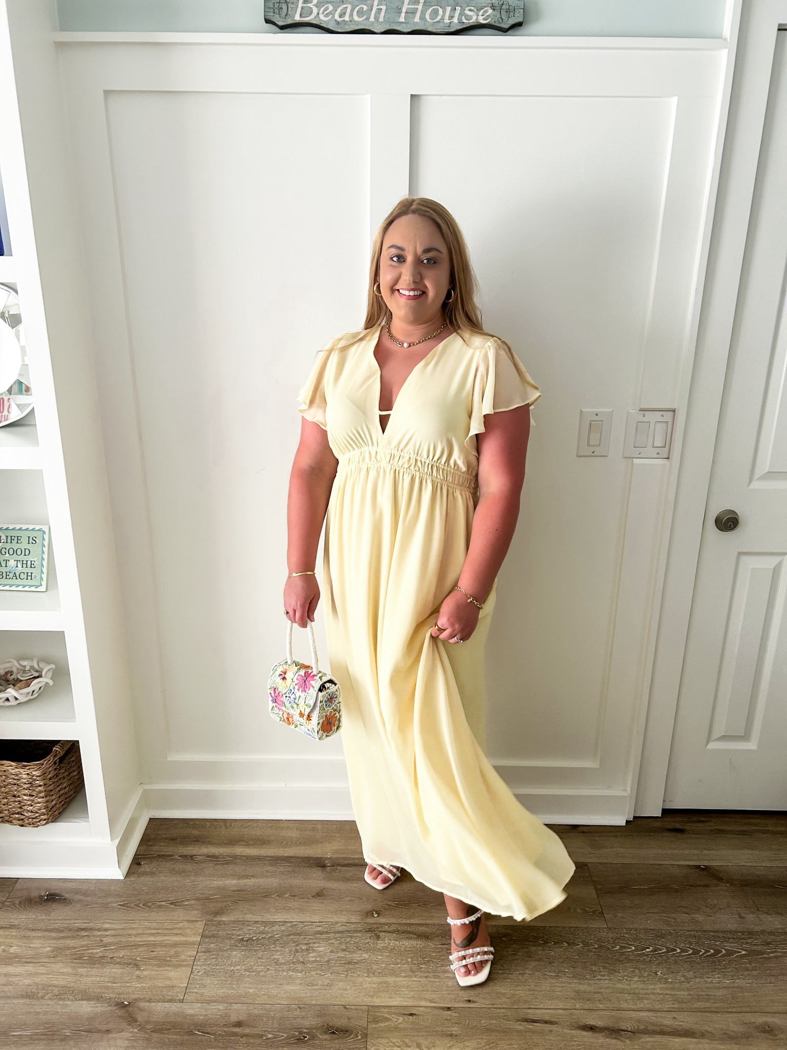 Maxi dress, target dress, flutter sleeve dress, a line dress, wedding guest dress, handbag, beaded handbag, pearl sandals, heeled sandals, pearl heels, v neck dress

#LTKWedding #LTKFindsUnder50 #LTKSummerEdit
