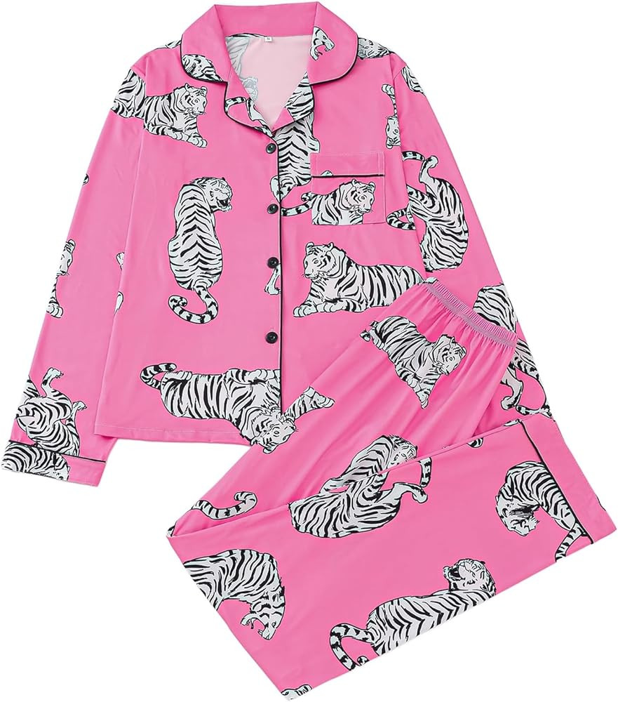Women's 2 Piece Pajama Sets Print Long Sleeve Button Down Shirt and Pants Sleepwear Sets | Amazon (US)