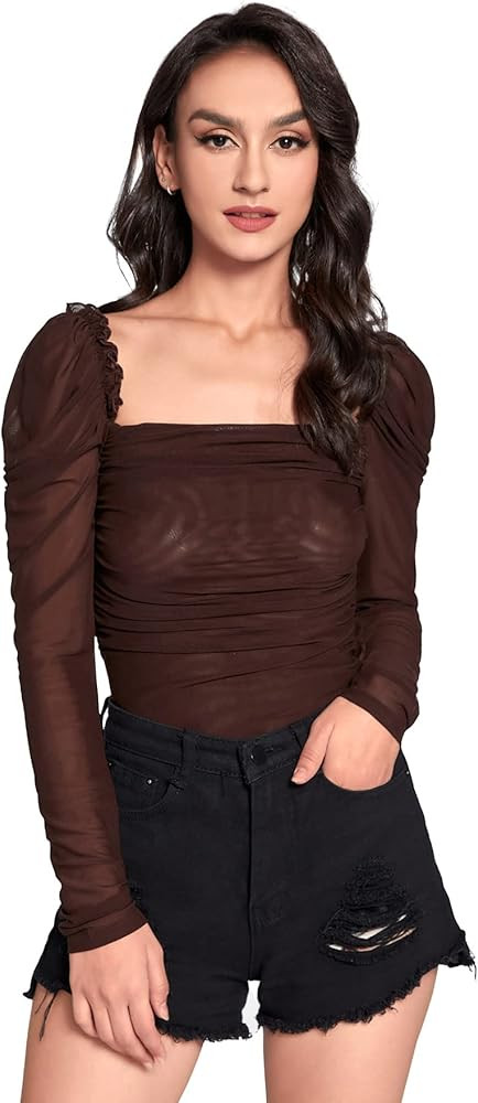 Floerns Women's Mesh Sheer Ruched Tops Square Neck Puff Long Sleeve T Shirt | Amazon (US)