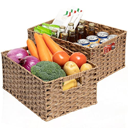 ROSOS Wicker Baskets 2 Pack, Wicker Storage Basket with Handles, Waterproof Woven Baskets for Organizing, Large Storage Basket 15" and Medium 14", Brown | Amazon (US)