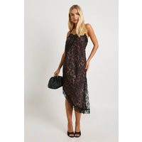 boohoo Women's Leopard Lace Asymmetric Satin Slip Midaxi Dress in Brown | Size: 14 | Boohoo.com (UK & IE)
