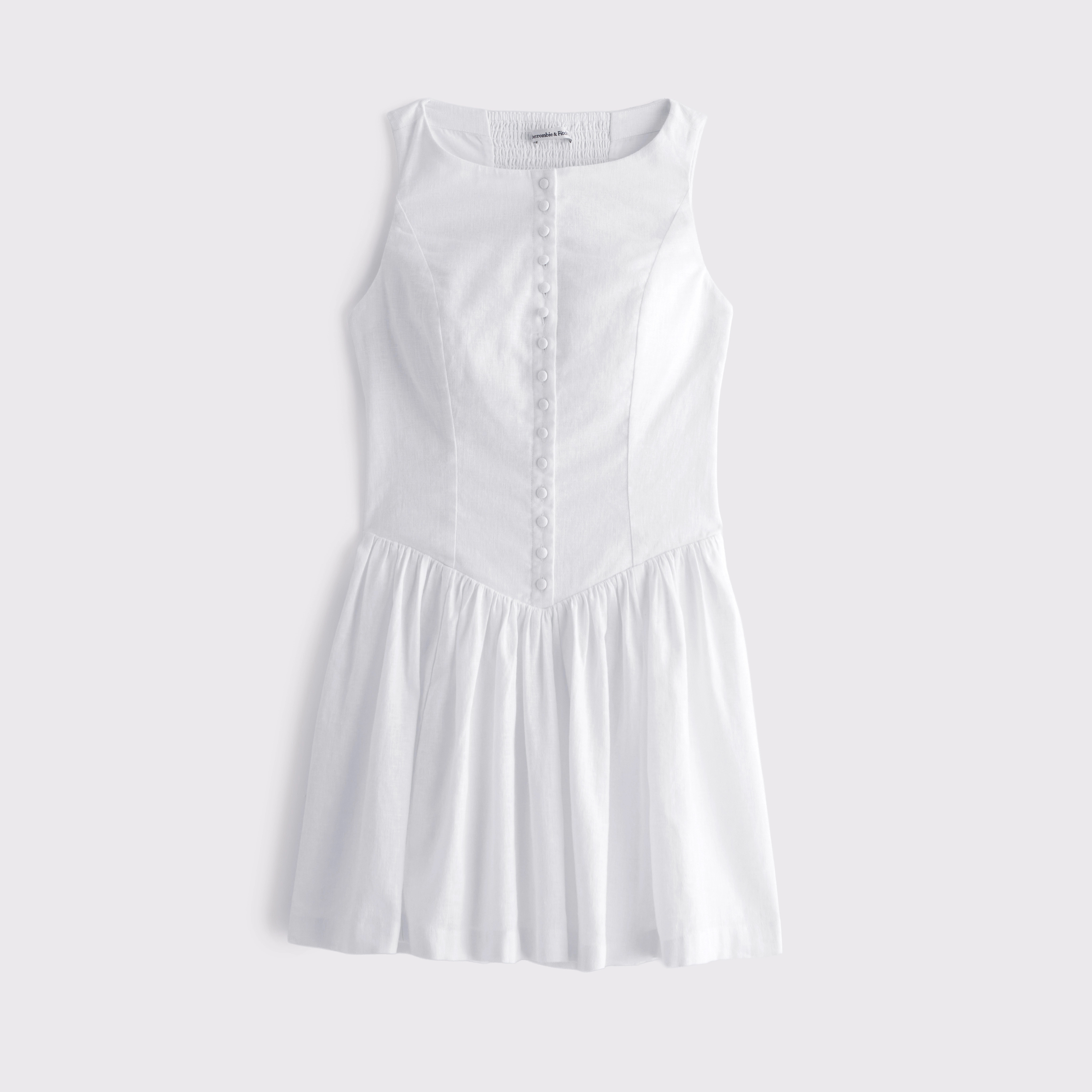 Linen-Blend High Neck Button-Embellished Mini Dress | Abercrombie & Fitch (UK & DE)