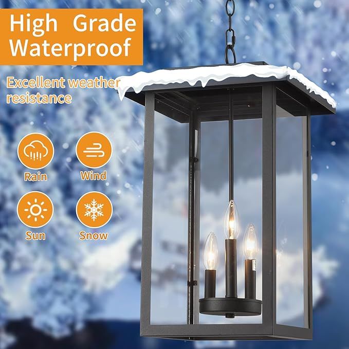 Modern Large Outdoor Pendant Light, 3 Light Hanging Lantern, Matte Black Finish, IP33 Weatherproo... | Amazon (US)