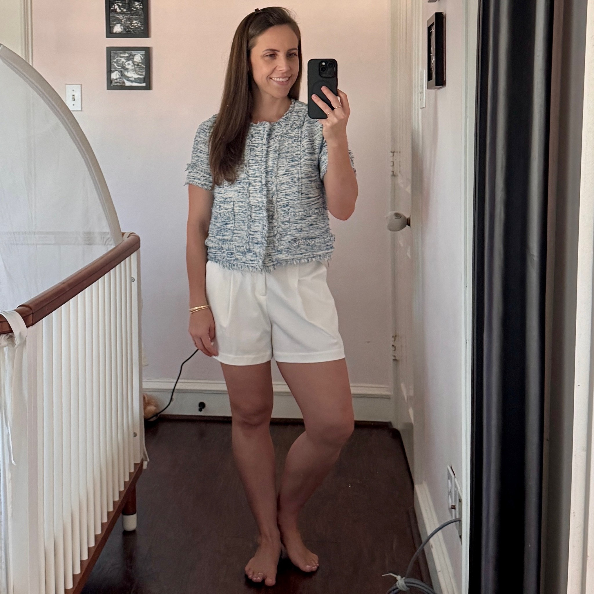 Tweed jacket with white pleated shorts. Size small in jacket and size 2 in shorts.

#LTKootd #LTKPetite #LTKTravel