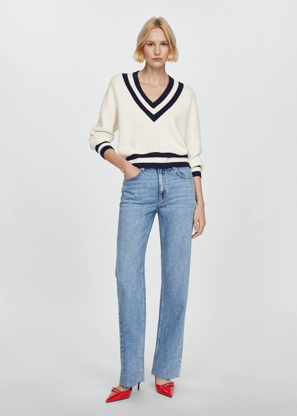 Contrasting v-neck sweater -  Women | Mango USA | MANGO (US)