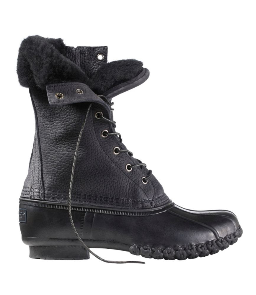 Women's Bean Duck Boots, 10" Shearling-Lined Insulated Side Zip Dark Graphite/Black/Black 8(B), Leather/Rubber L.L.Bean | L.L. Bean