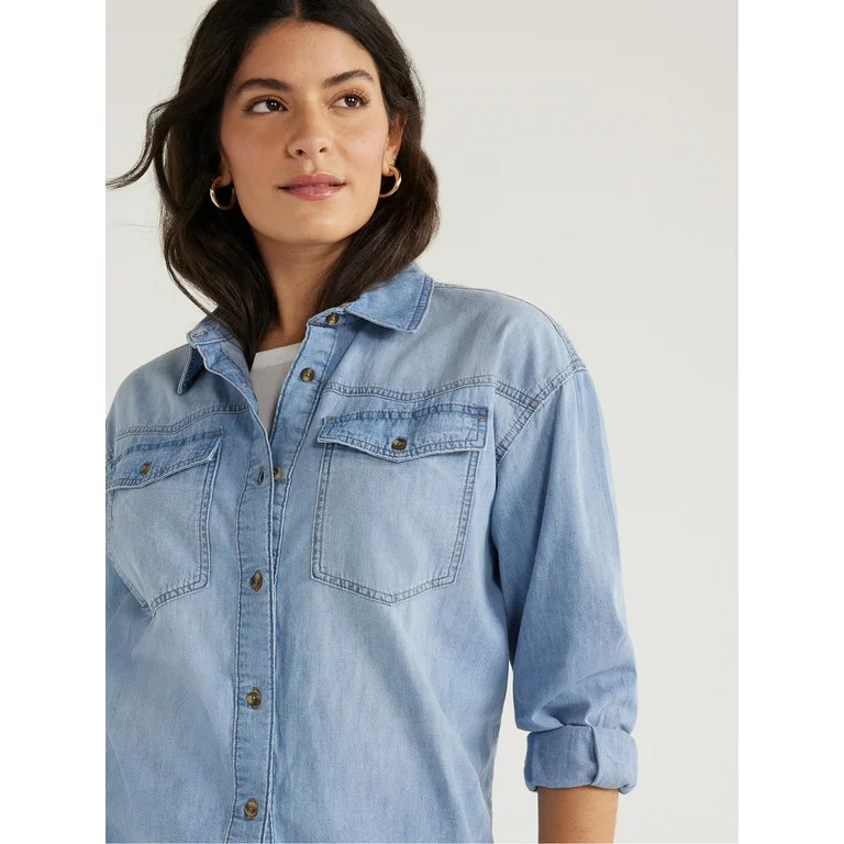 Sofia by Sofia Vergara Women's and Women's Plus Sofia Oversized Boyfriend Shirt with Long Sleeves... | Walmart (US)