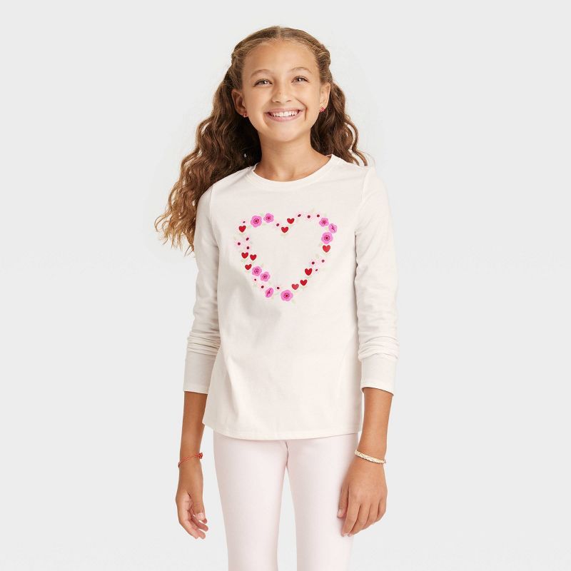 Girls' Valentine's Day 'Heart' Long Sleeve Graphic T-Shirt - Cat & Jack™ Cream | Target