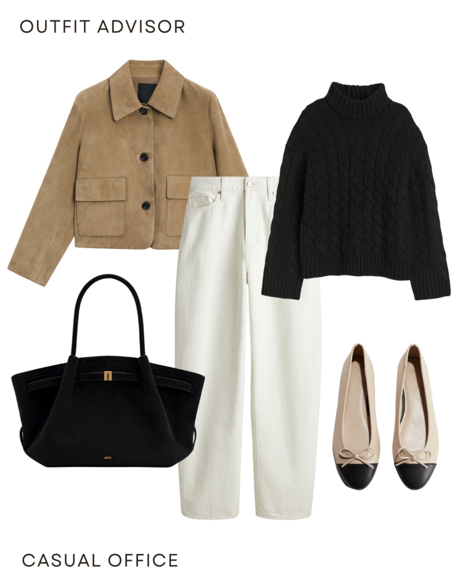 Autumn outfit idea for work: a suede brown jacket, turtleneck knit jumper, white barrel jeans, flats and a jw pei handbag

#LTKautumn #LTKstyletip #LTKworkwear