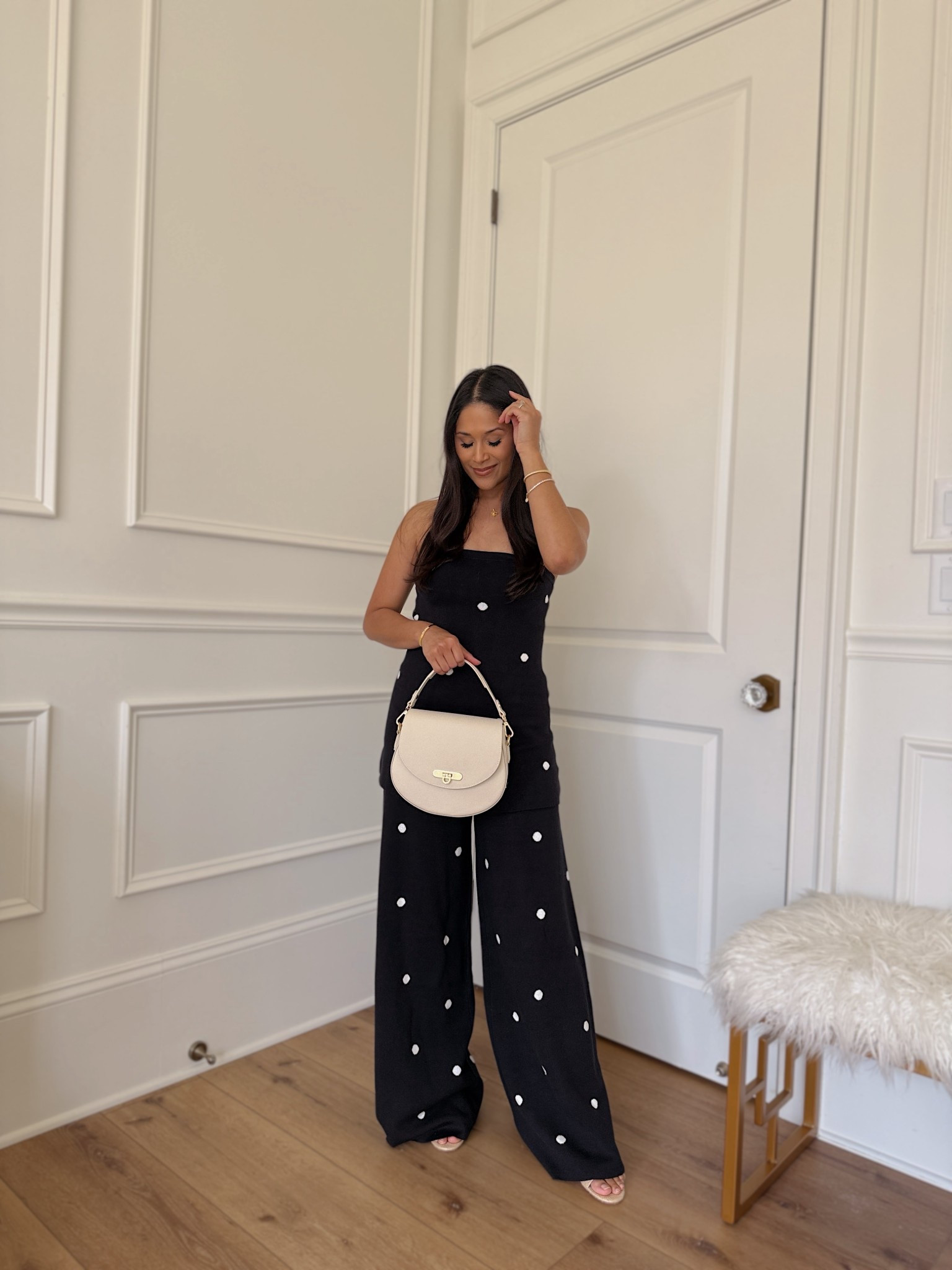 How cute is this matching knit polkadot set from the Cella Jane x @splendid collection! It’s so stretchy and comfy! I’m wearing a small in both here and will definitely need the pants hemmed. 
Take 20% OFF my bag with code: HAUTE20


#LTKootd
