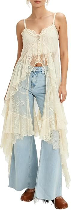 UAURORAO Women Maxi Lace Top Spaghetti Strap Sheer Flowy Boho Long Camisole | Amazon (US)