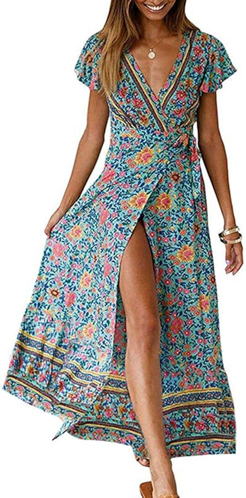 ZESICA Women's Bohemian Floral Printed Wrap V Neck Short Sleeve Split Beach Party Maxi Dress | Amazon (US)