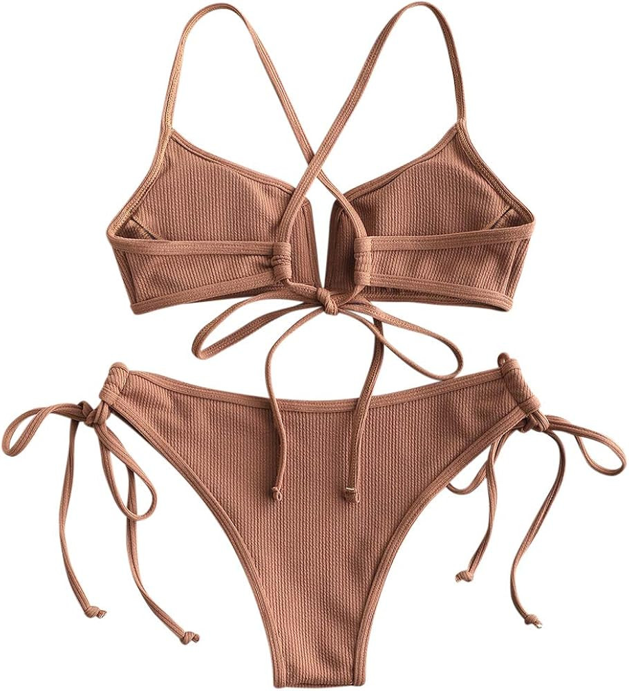 ZAFUL Women's V-Wire Padded Ribbed High Cut Cami Bikini Set Two Piece Swimsuit | Amazon (US)