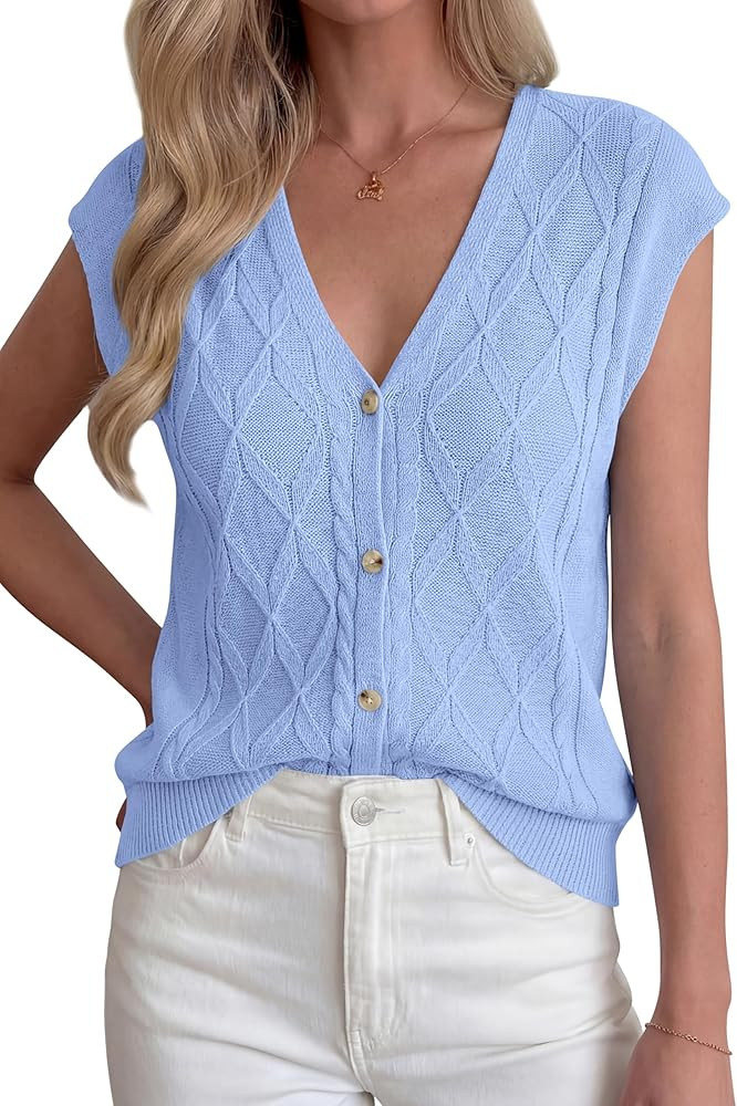 BTFBM Sweater Vest Women V Neck Cap Sleeve Button Down Knit Tops Spring Summer 2026 Loose Lightwe... | Amazon (US)