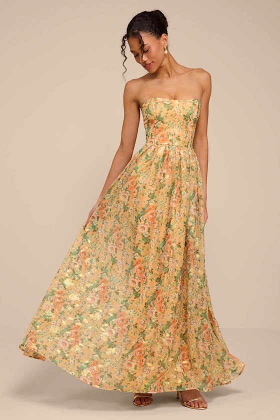 Claudia Light Orange Multi Floral Strapless Maxi Dress | Lulus