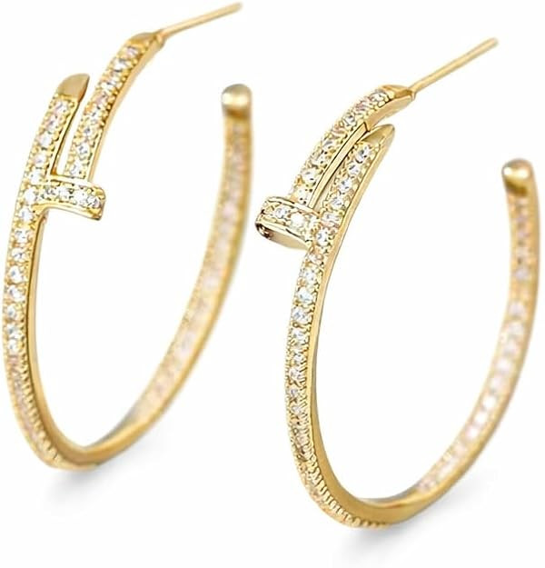 18K Gold Plated Pavé CZ Nail Hoop Earrings for Women – Sparkling Crystal Open Hoop Statement J... | Amazon (US)