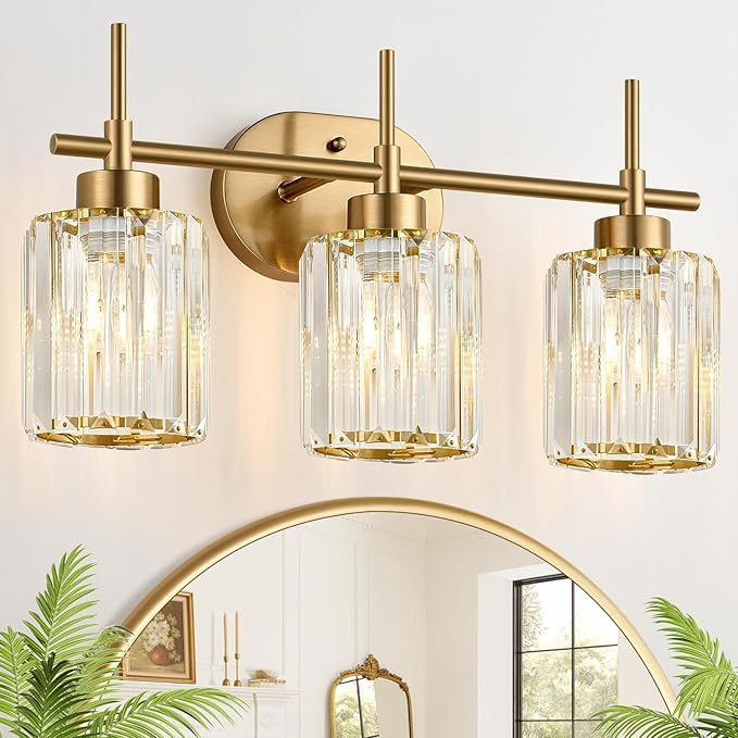 Modern Crystal Bathroom Vanity Light, 3-Light Brushed Gold Bathroom Light Fixtures with Clear Sha... | Amazon (US)