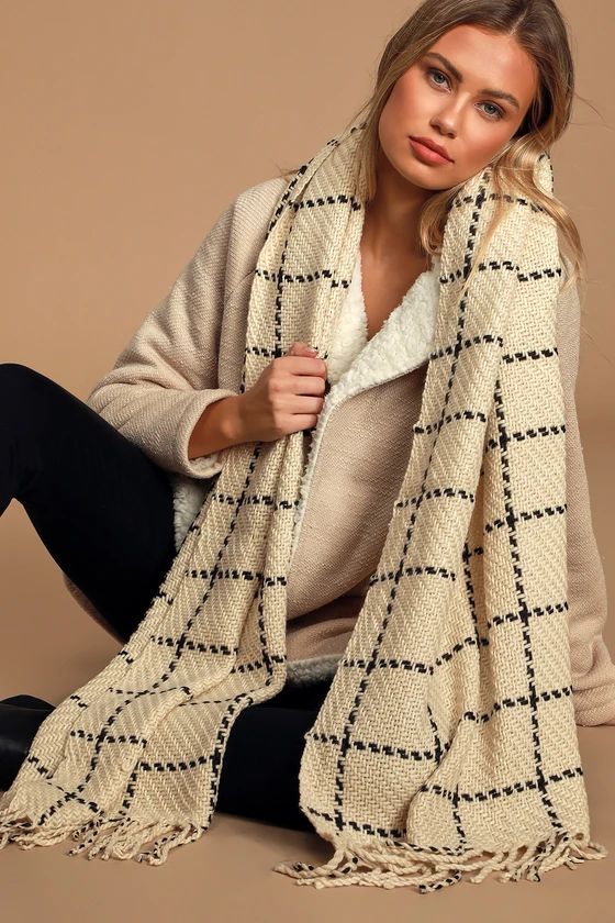 Cozy Afternoon Beige and Black Plaid Knit Scarf | Lulus (US)