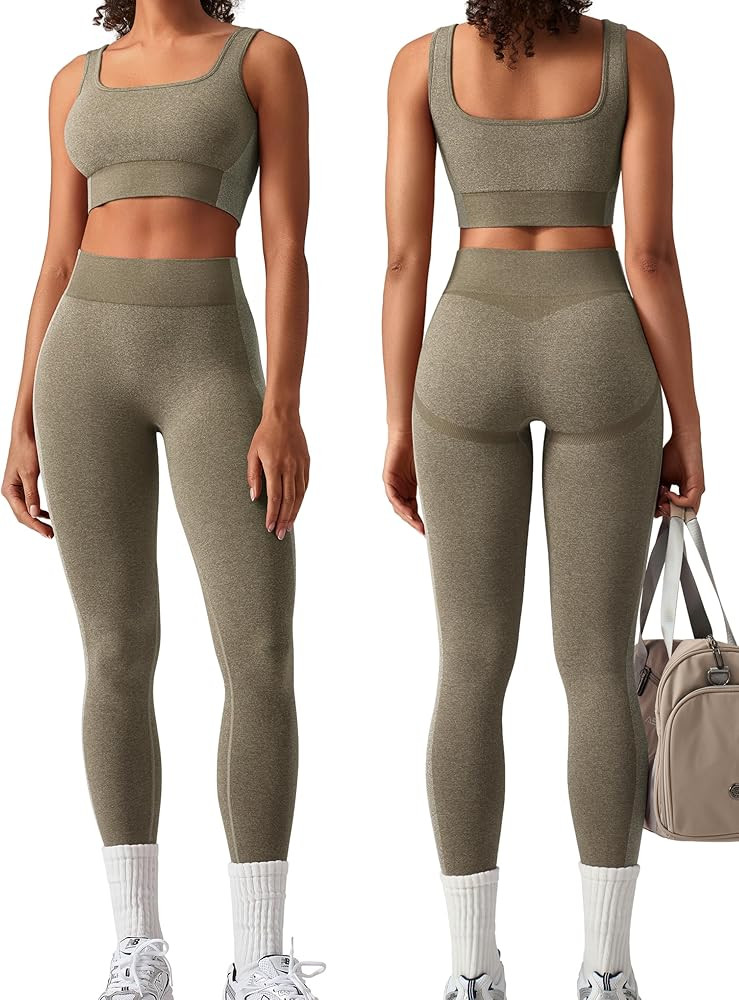 Amazon.com: OLCHEE Womens Workout Sets 2 Piece Seamless Square Neck Sports Bra Padded Butt Liftin... | Amazon (US)