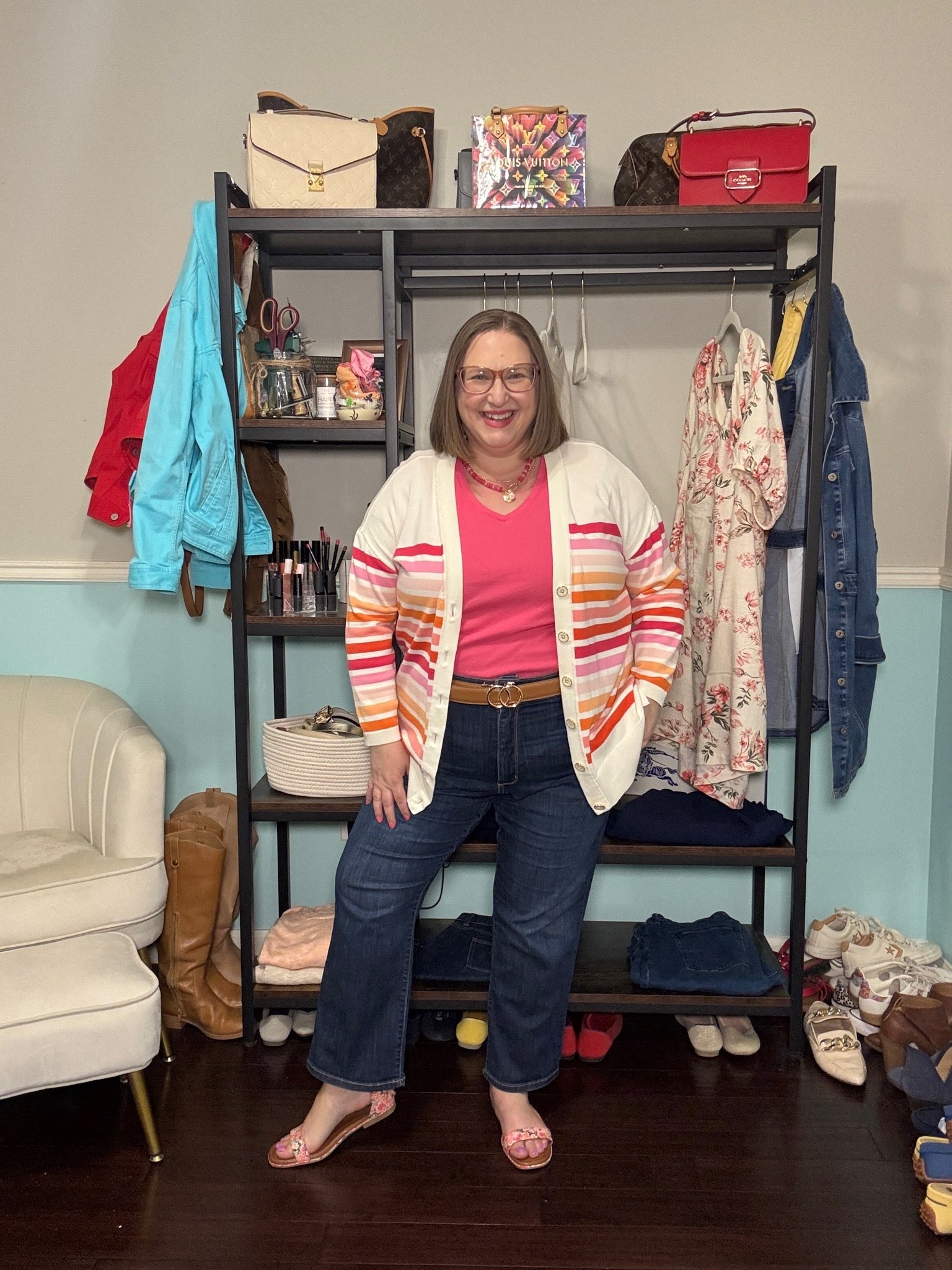 Linked cardigan comes in cream & pink with gold buttons. 

Tee color is strawberry fields. 

I wear xl or xxl in the tees. I sized up in the jeans.

#LTKPetite #LTKPlusSize #LTKOver40