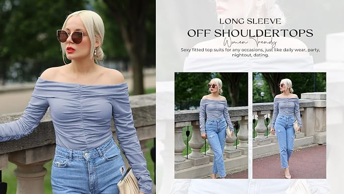 MIHOLL Womens Trendy Long Sleeve Tops Sexy Off The Shoulder Shirts Tight Fitted Ruched Going Out ... | Amazon (US)