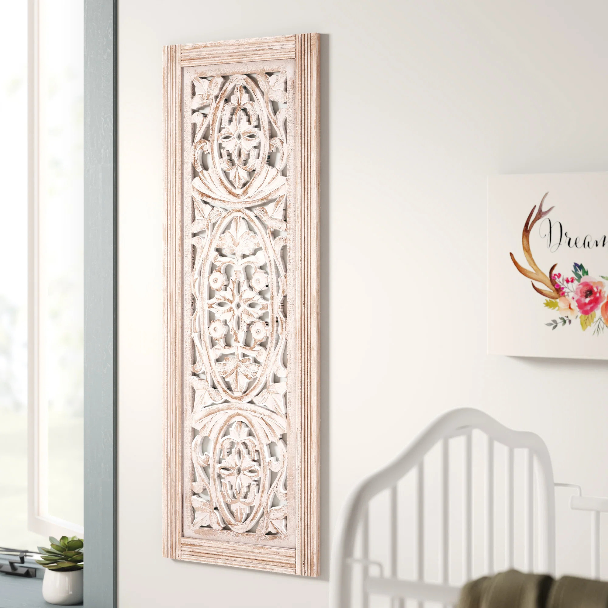 Rectangular Mango Wood Wall Panel Hand Crafted With Intricate Carving, White and Brown | Wayfair North America