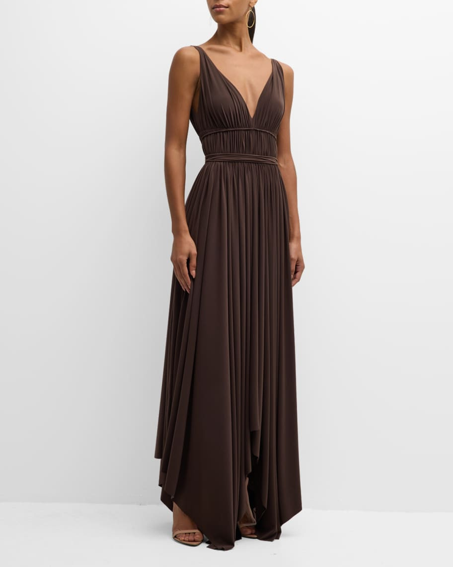 Goddess Deep V Draped Handkerchief Gown | Neiman Marcus