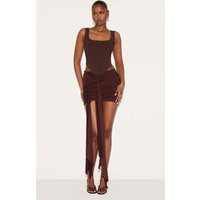 Chocolate Double Layer Slinky Knot Detail Mini Skirt, Chocolate | PrettyLittleThing UK