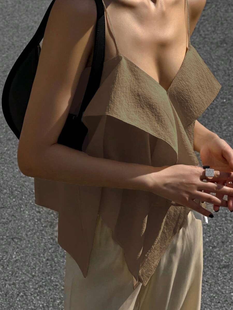DAZY Solid Color Asymmetric V-Neck Layered Camisole Top,Ruffle | SHEIN