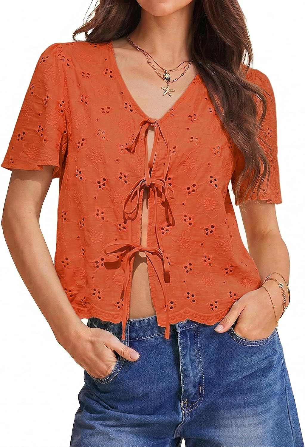 Totatuit Womens Cotton Tie Front Tops Boho V Neck Eyelet Shirt Embroidery Cute Summer Beach Vacation Outfit Flowy Cover Up | Amazon (US)