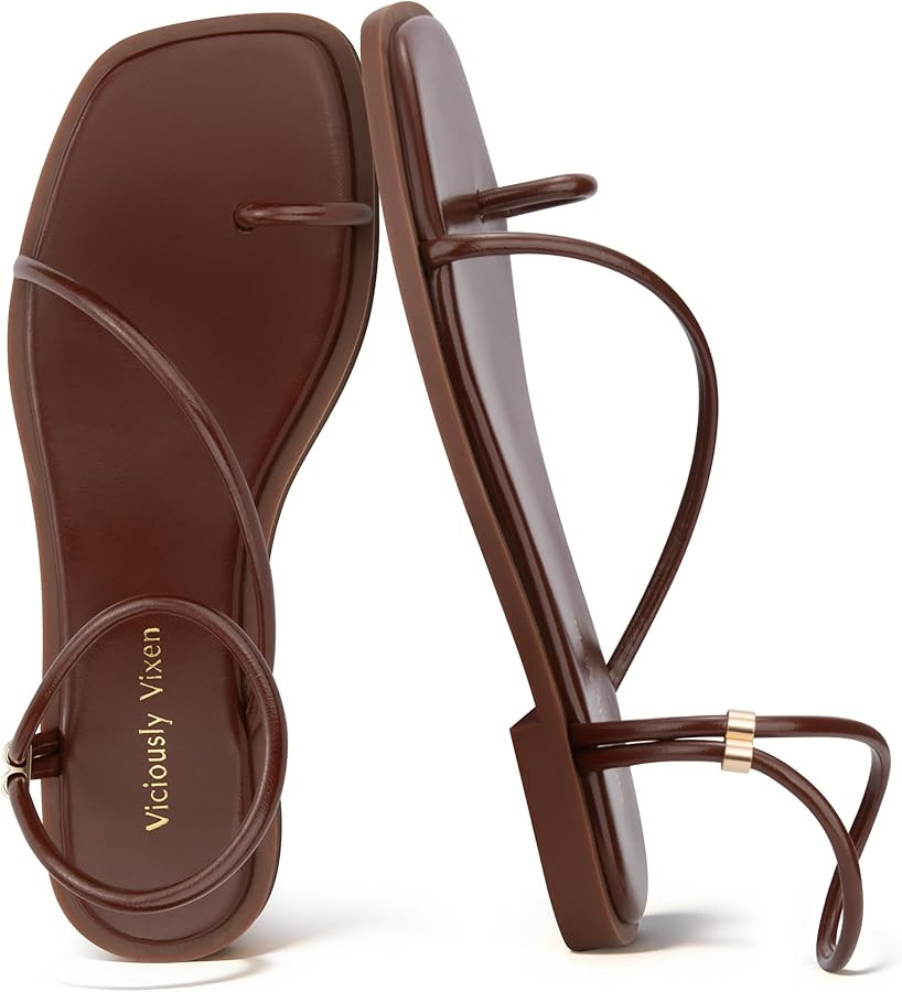 Womens Flats Loop Sandals Square Toe Strappy Ankle Strap Summer Flat | Amazon (US)