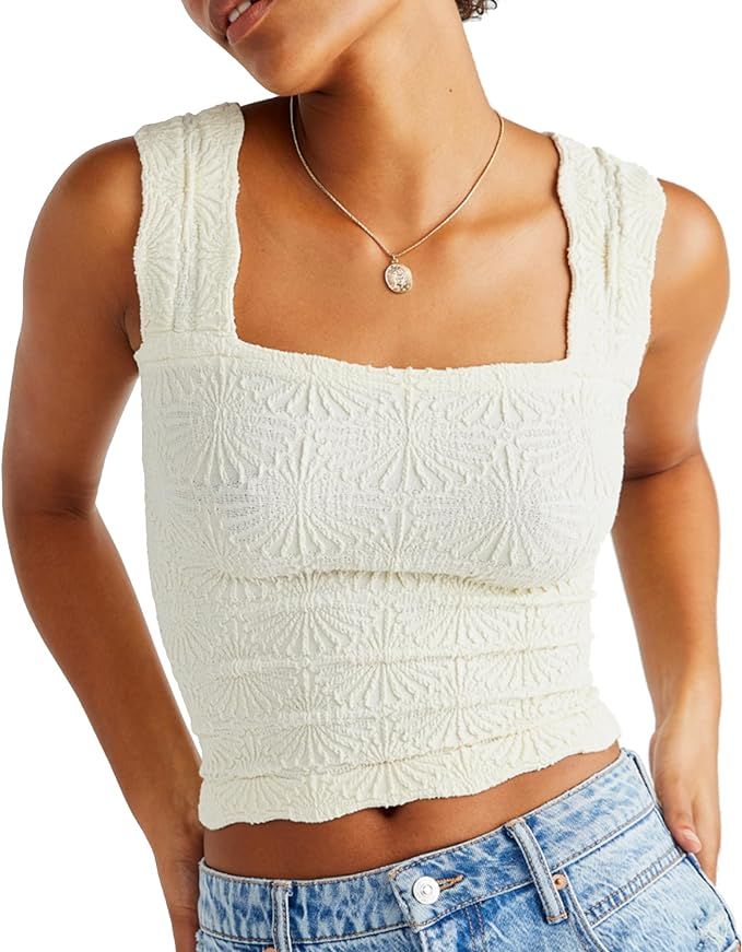 CICI ET PIAO Women's Square Neck Wide Strap Crop Tank Tops Flower Embroidery Going Out Tops Slim ... | Amazon (US)