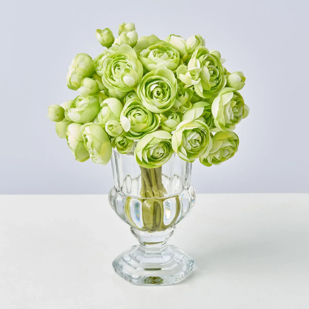 Realistic Mini Green Ranunculus Blooms in Small Beveled Glass Urn Vase Everyday Water Illusion Ar... | Darby Creek Trading