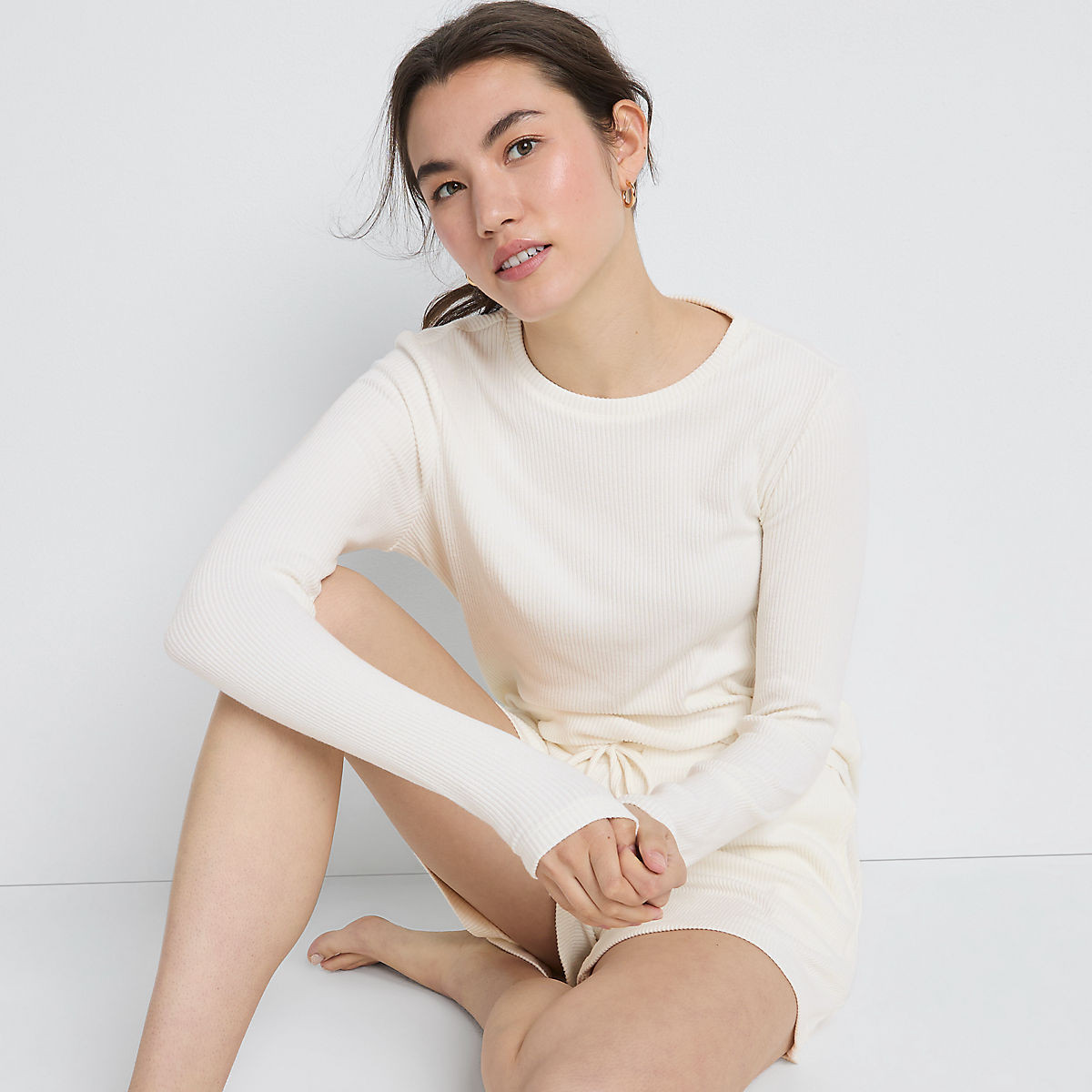 Women's Cozy Brushed Rib 2 Piece Pajama Set - Long Sleeve Top and Shorts | Lands' End (US)